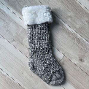 Cozy Gray Knit Christmas Stocking with Faux Fur Cuff and Pearls